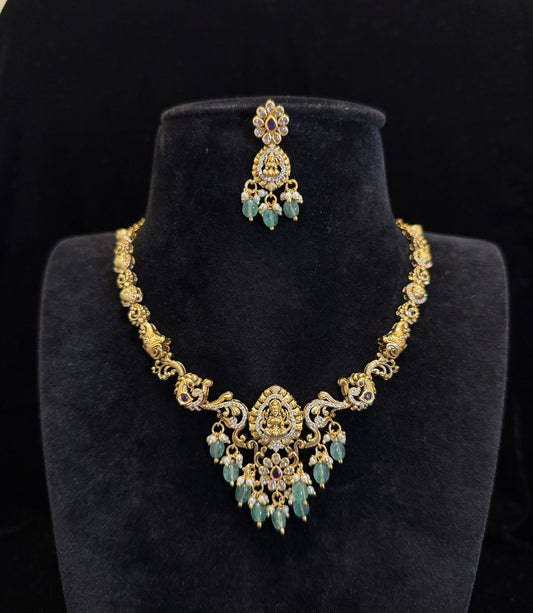 Temple Style Nakshi Necklace Set with Green Beads