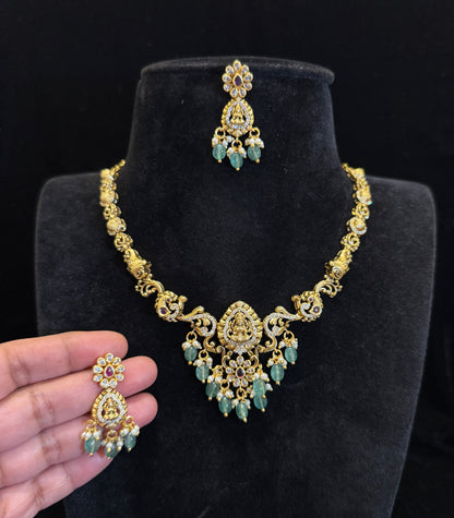 Temple Style Nakshi Necklace Set with Green Beads