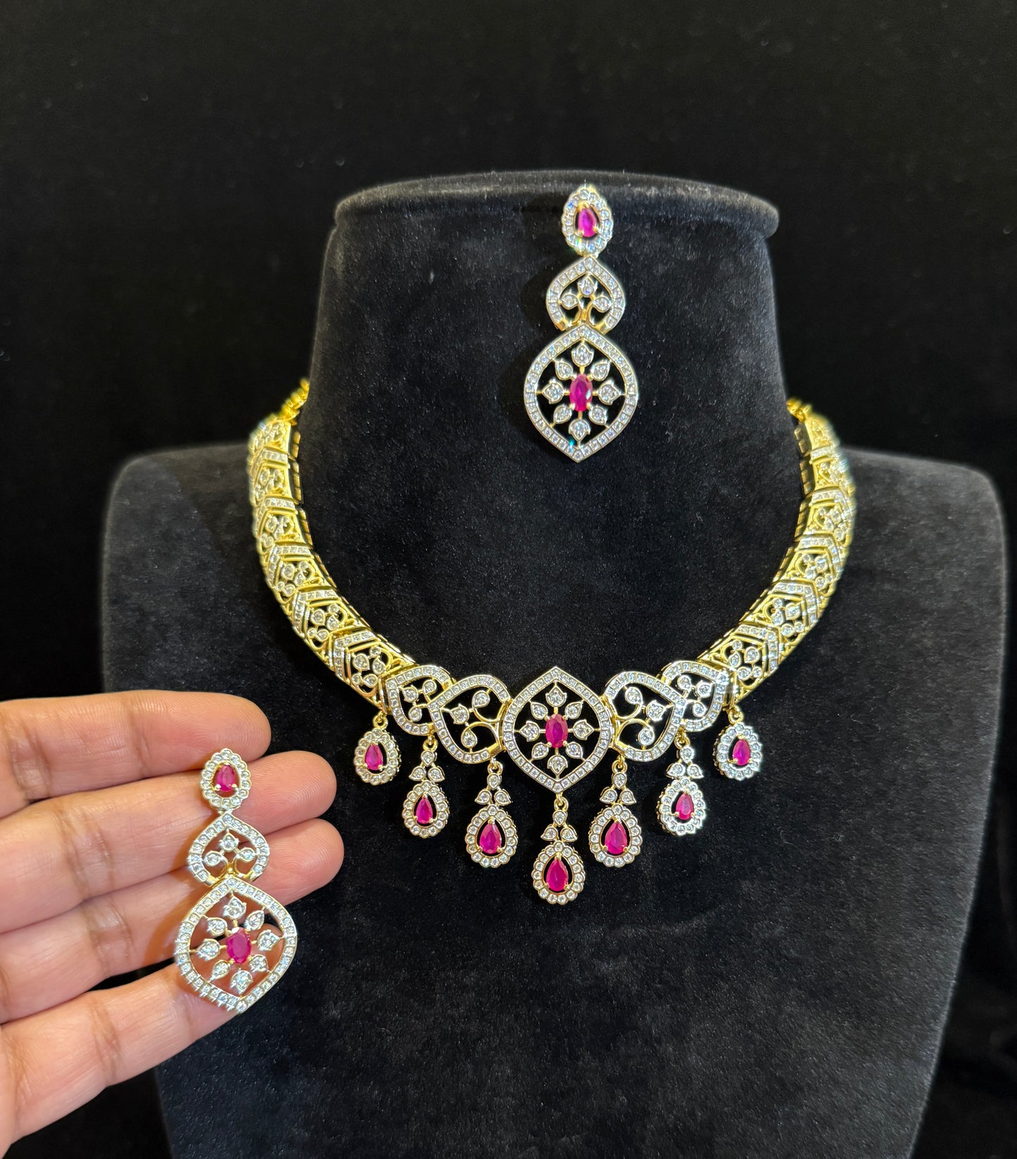 Royal Ruby & Diamond Necklace Set with Matching Earrings