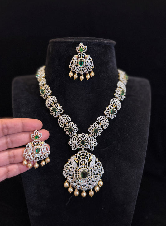 Elegant Emerald Stone Floral Necklace Set with Pearl Drops