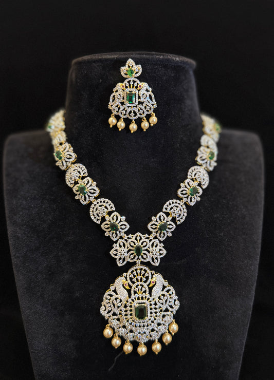 Elegant Emerald Stone Floral Necklace Set with Pearl Drops