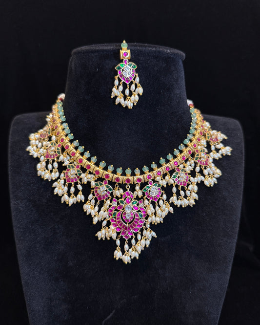 Traditional Jadua Kundan Necklace Set with Guttapoosalu