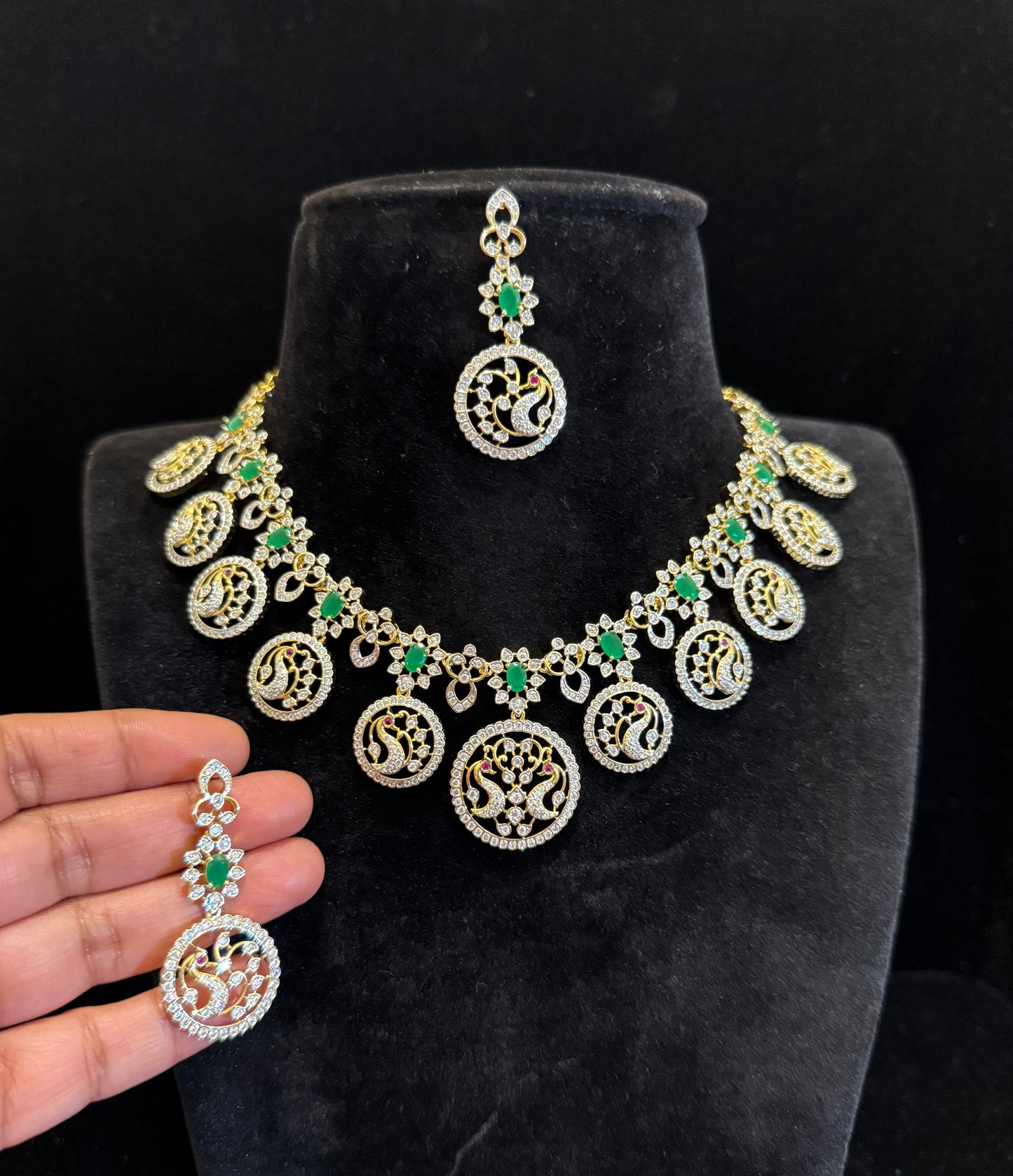 Royal Peacock  Bottumala Emerald & CZ Necklace Set