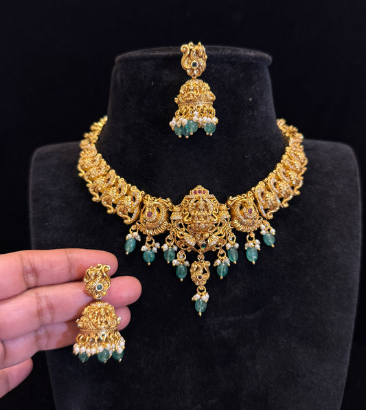 Temple Design Lakshmi Nakshi Necklace Set with Green Beads & Jhumkas
