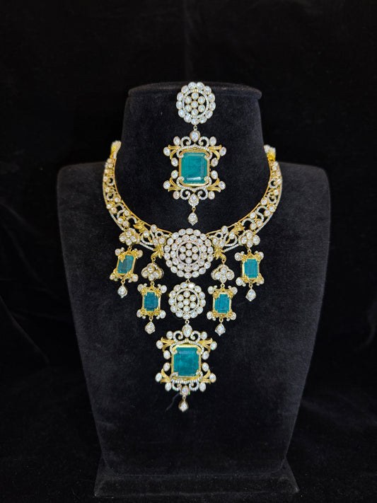 Luxury Victorian Finish Emerald Green Statement Necklace Set with Mossanite Stones