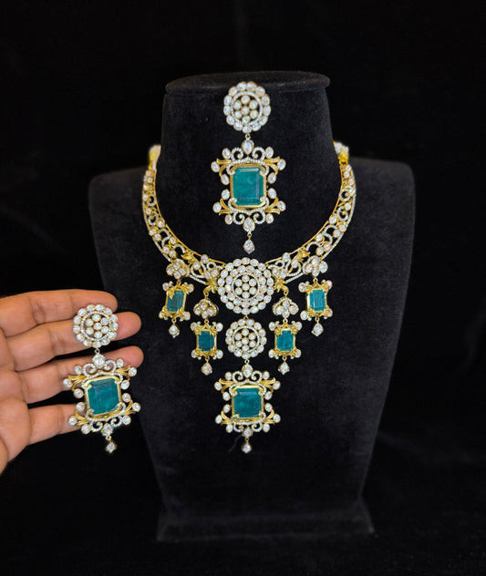 Luxury Victorian Finish Emerald Green Statement Necklace Set with Mossanite Stones