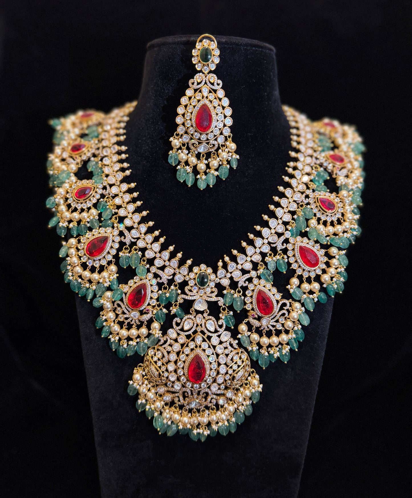 Royal Peacock Bridal Necklace Set With Big Ruby Stones