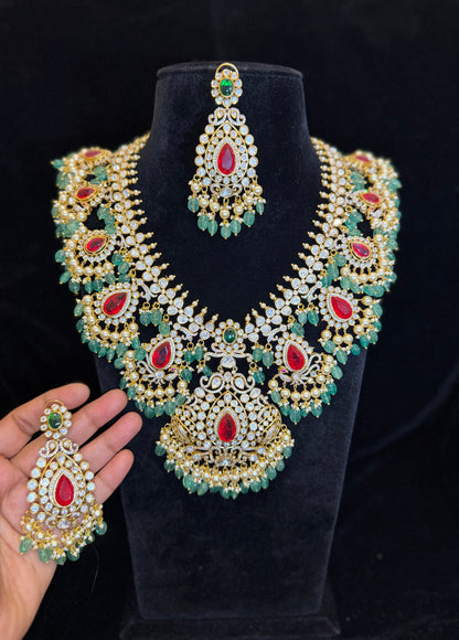 Royal Peacock Bridal Necklace Set With Big Ruby Stones