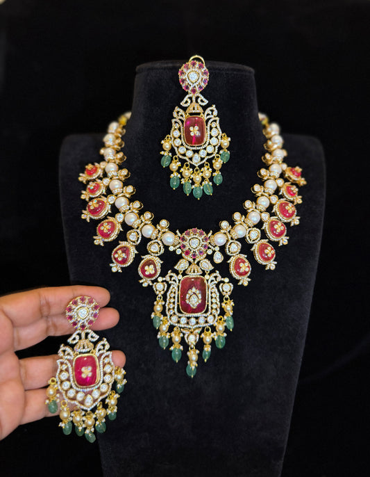 Lavish Gold Finish Polki Kundan  Necklace Set with Ruby Stones & Emerald Bead Drops