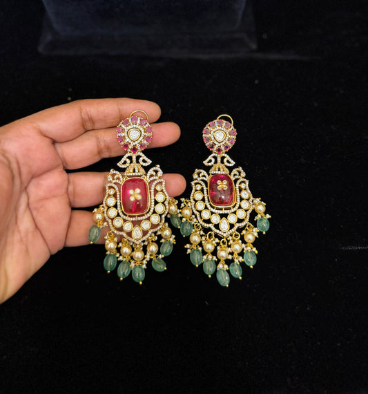 Lavish Gold Finish Polki Kundan  Necklace Set with Ruby Stones & Emerald Bead Drops