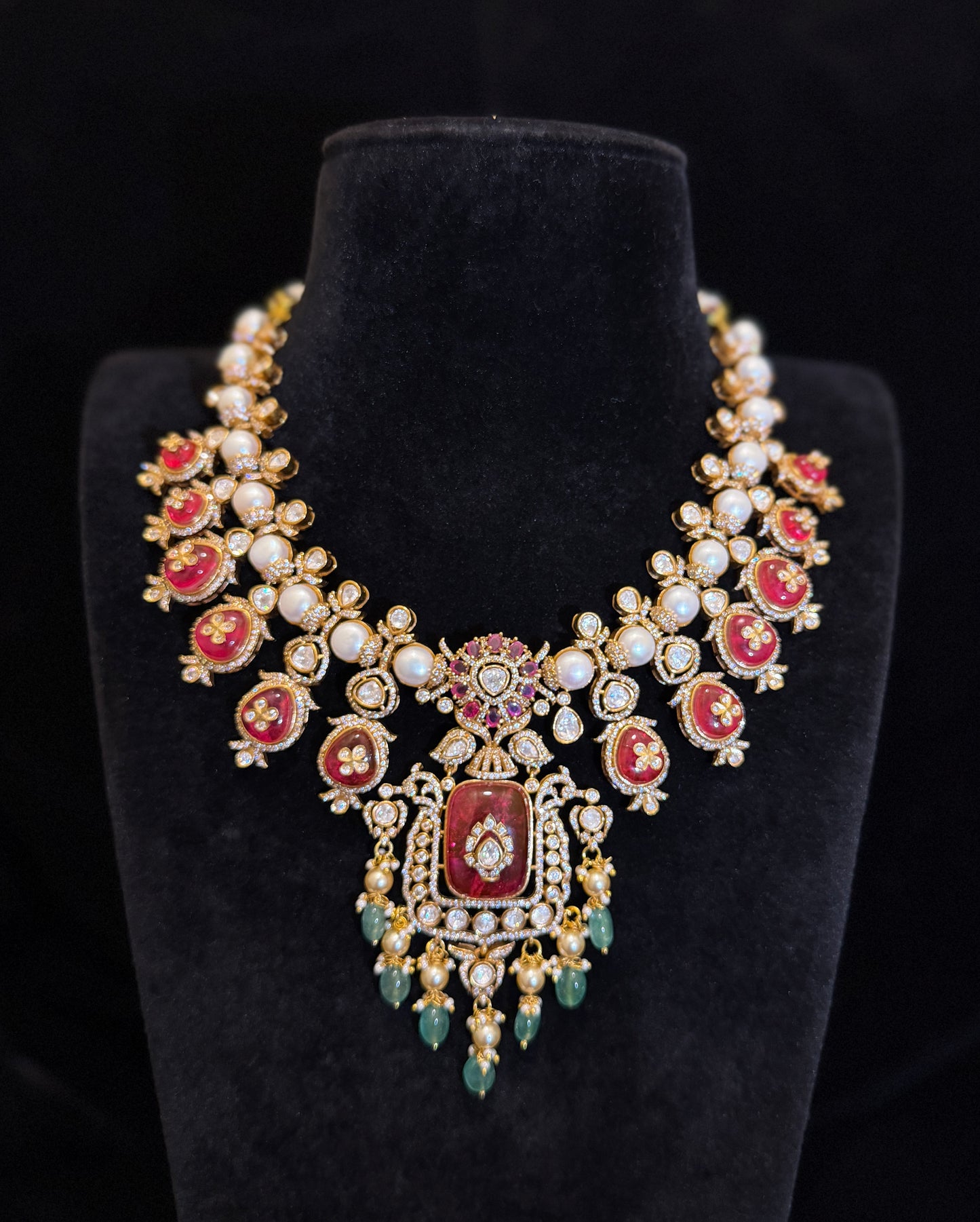 Lavish Gold Finish Polki Kundan  Necklace Set with Ruby Stones & Emerald Bead Drops