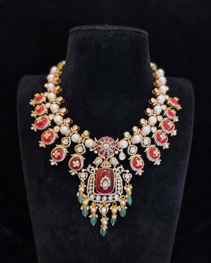 Lavish Gold Finish Polki Kundan  Necklace Set with Ruby Stones & Emerald Bead Drops