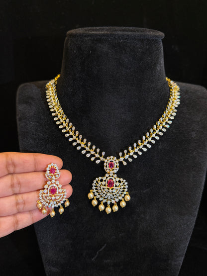 Premium Gold Finish Luxury American Diamond Necklace Set with Emerald Stones & Pearl Drops