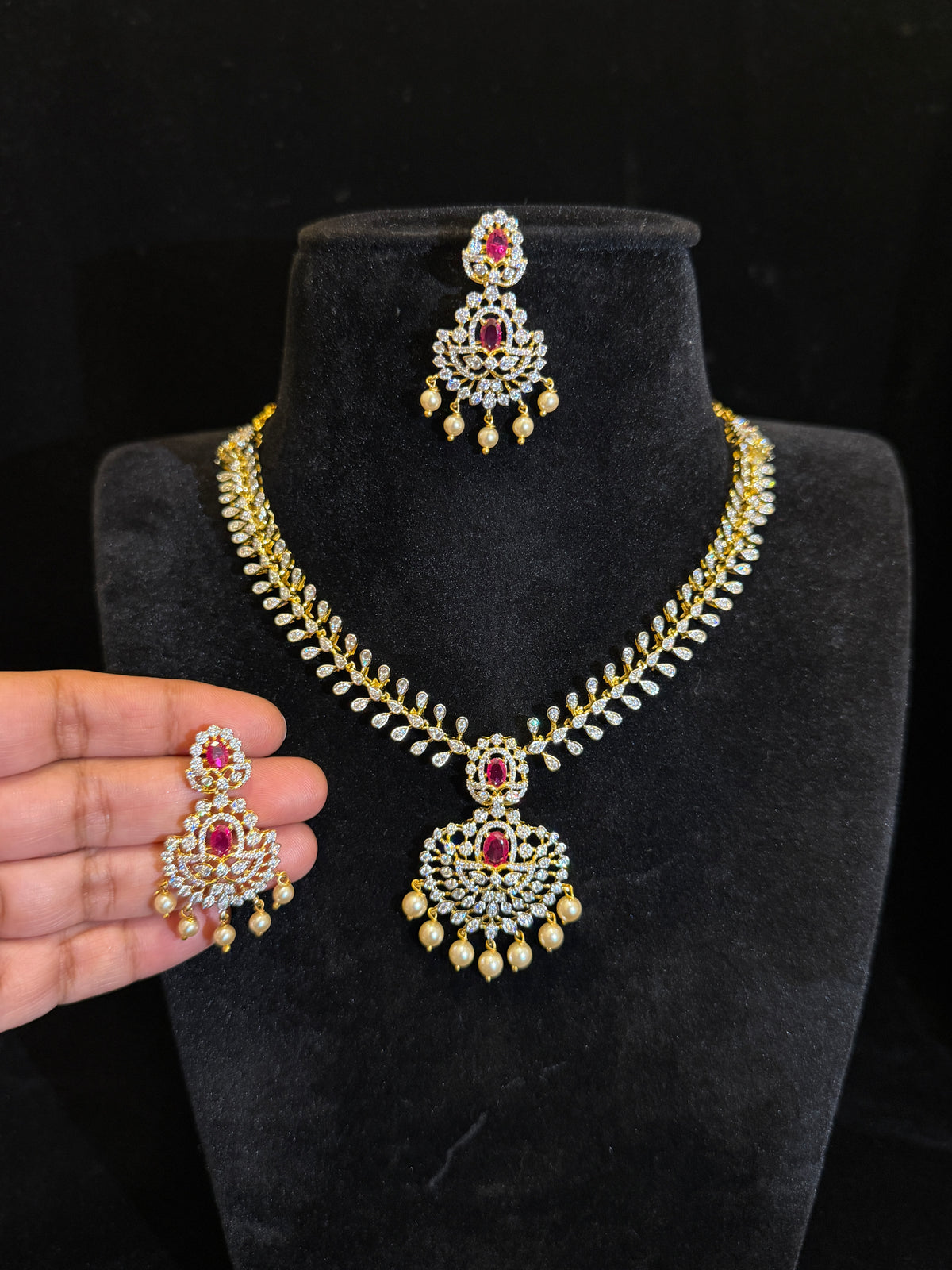 Premium Gold Finish Luxury American Diamond Necklace Set with Emerald Stones & Pearl Drops