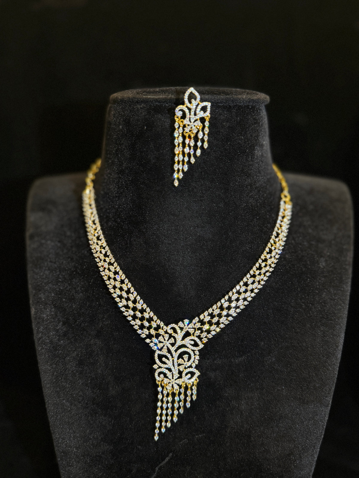 Premium Gold Finish Elegant American Diamond Floral Necklace Set with Tassel Earrings