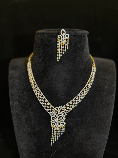 Premium Gold Finish Elegant American Diamond Floral Necklace Set with Tassel Earrings