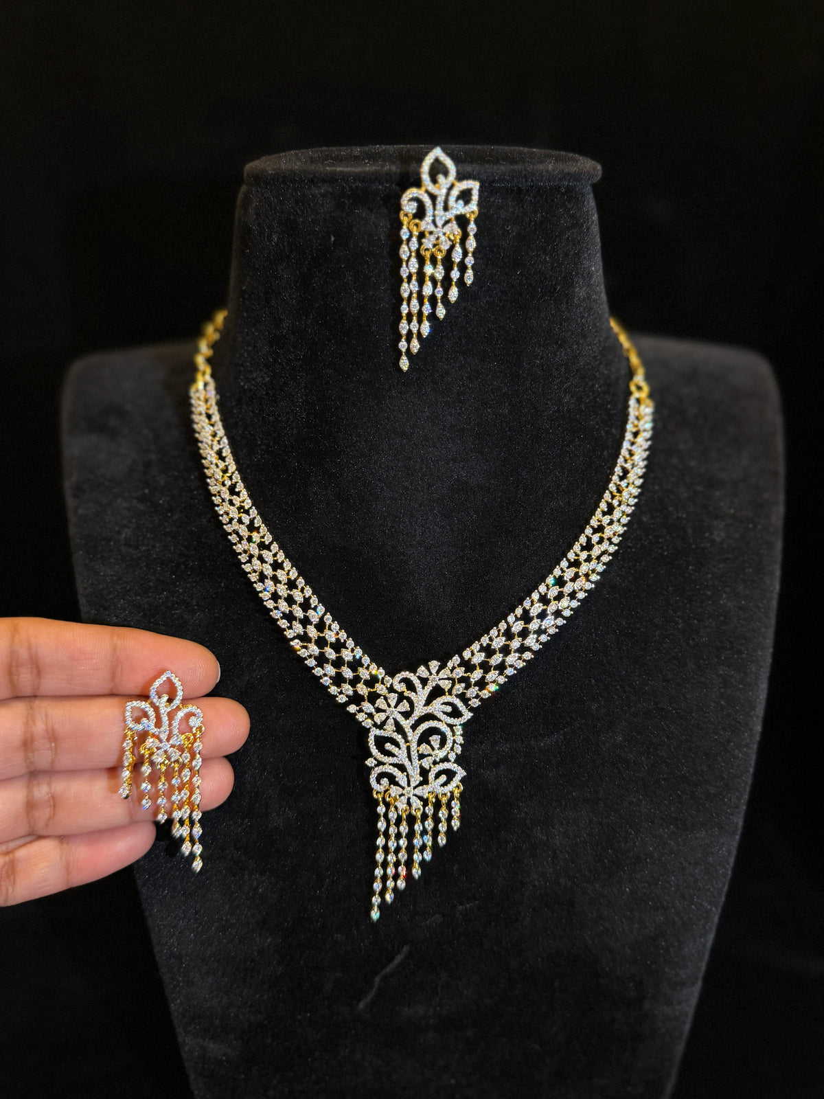 Premium Gold Finish Elegant American Diamond Floral Necklace Set with Tassel Earrings