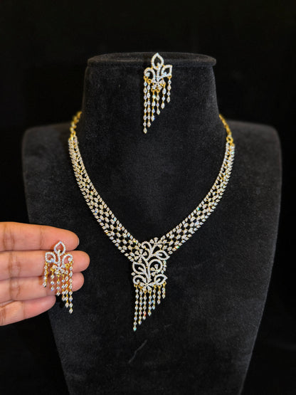 Premium Gold Finish Elegant American Diamond Floral Necklace Set with Tassel Earrings