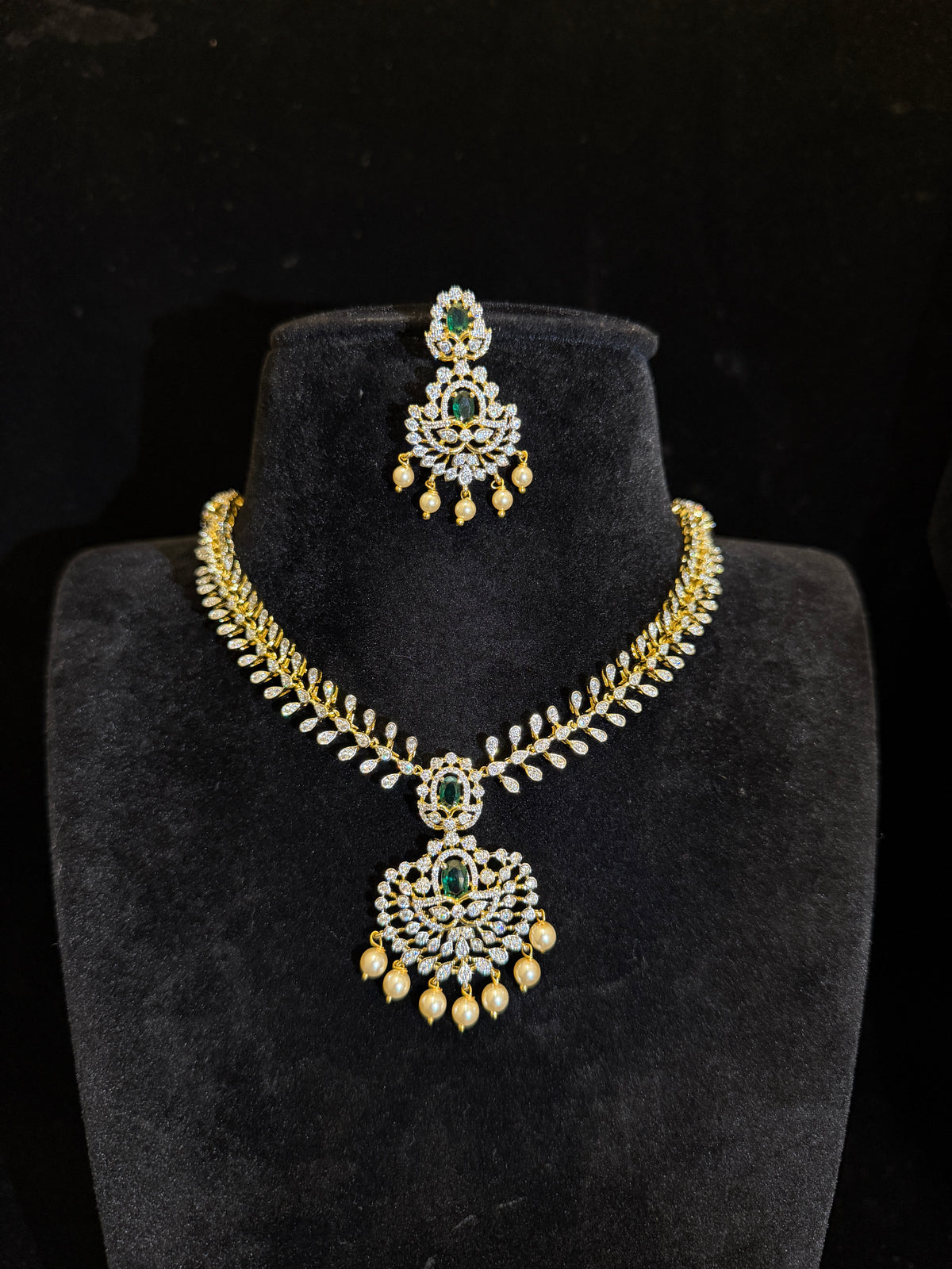 Premium Gold Finish Luxury American Diamond Necklace Set with Emerald Stones & Pearl Drops