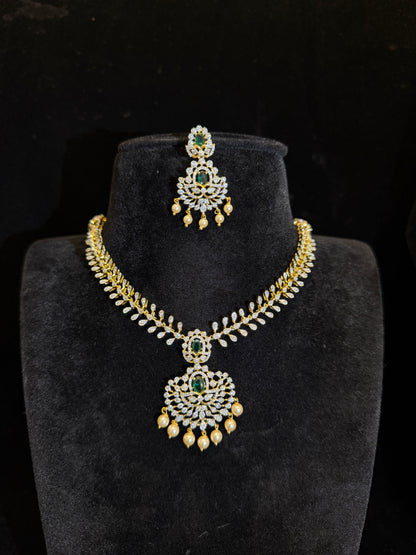 Premium Gold Finish Luxury American Diamond Necklace Set with Emerald Stones & Pearl Drops