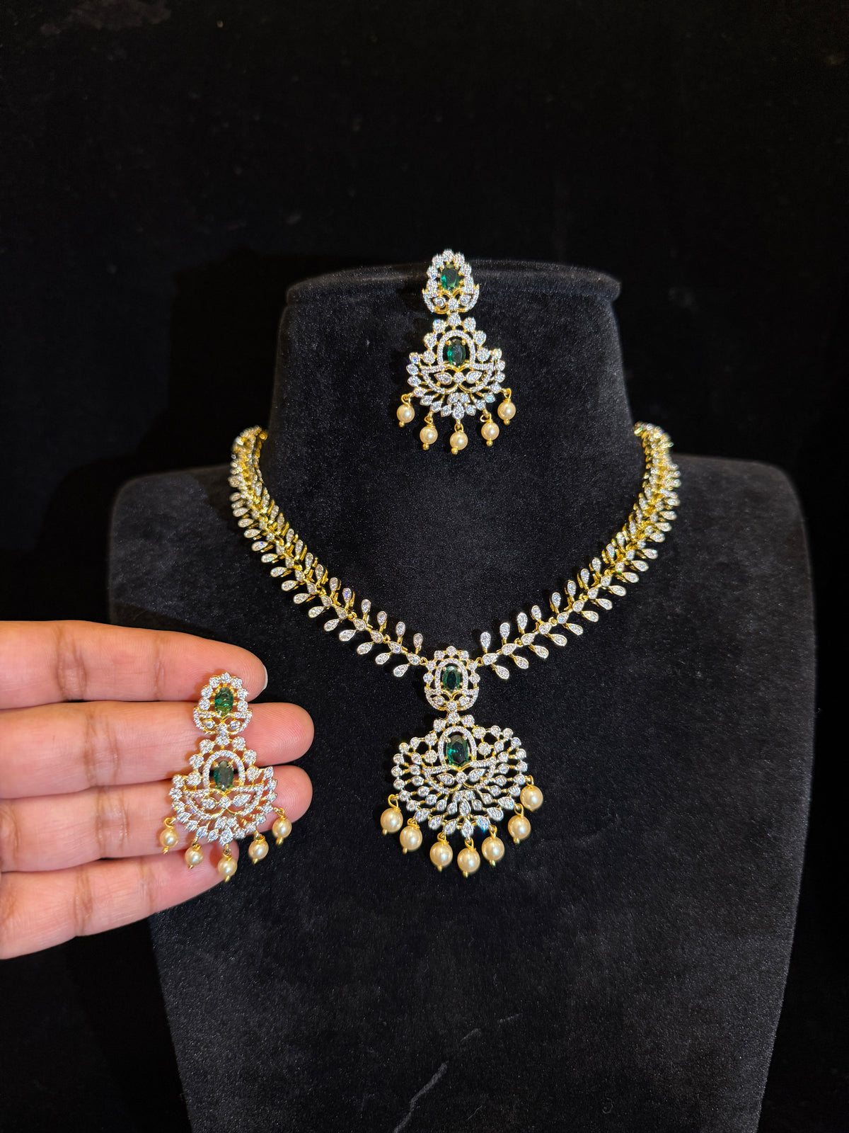 Premium Gold Finish Luxury American Diamond Necklace Set with Emerald Stones & Pearl Drops