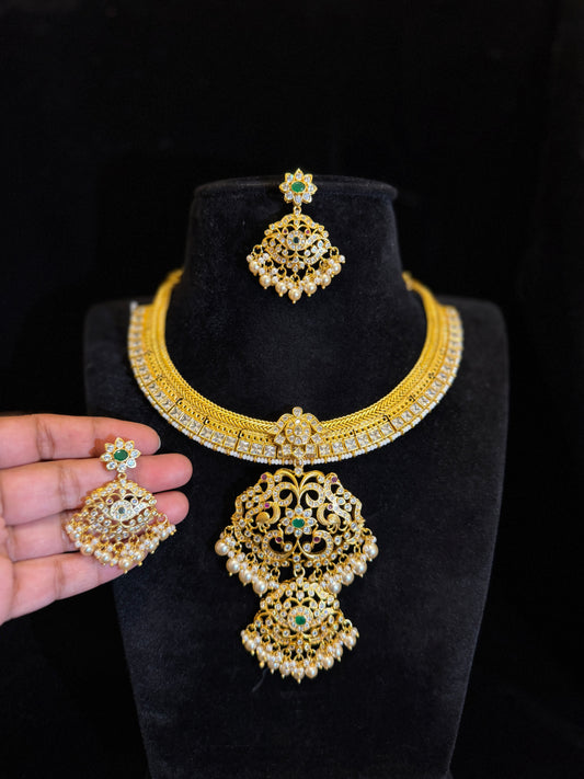 Premium Gold Finish Royal Kundan Bridal Jalebi Necklace Set with Emerald Stones & Pearl Drops