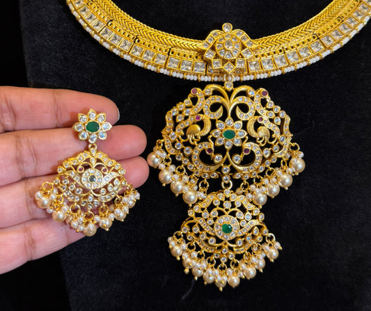 Premium Gold Finish Royal Kundan Bridal Jalebi Necklace Set with Emerald Stones & Pearl Drops