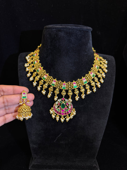Antique Finish Royal Kundan Necklace Set with Pearl Drops