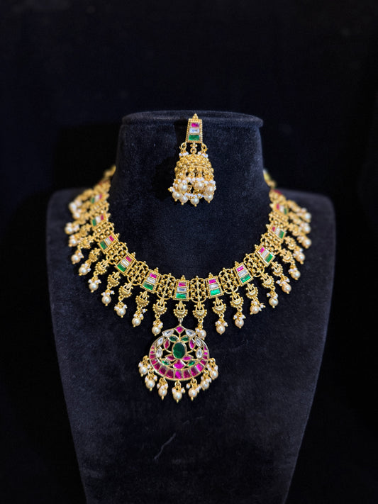 Antique Finish Royal Kundan Necklace Set with Pearl Drops