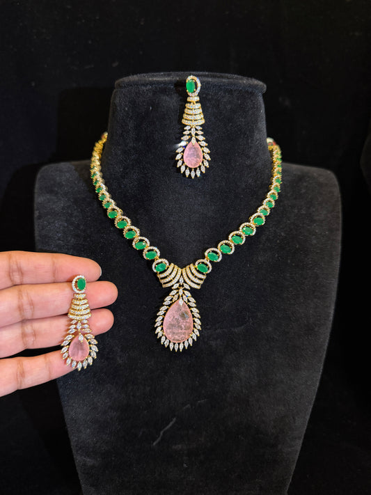 Luxury Victorian Finish Emerald  Teardrop Necklace Set with American Diamonds