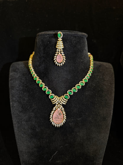 Luxury Victorian Finish Emerald  Teardrop Necklace Set with American Diamonds