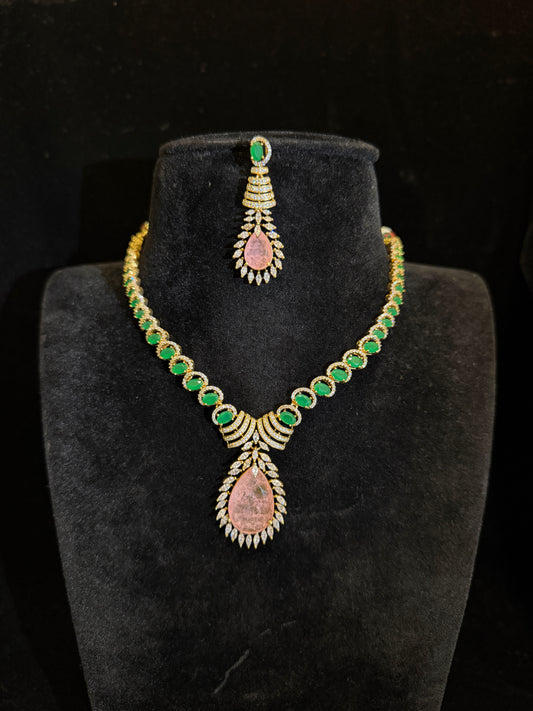Luxury Victorian Finish Emerald  Teardrop Necklace Set with American Diamonds
