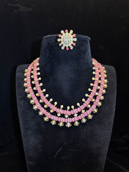 Elegant Pink Beaded Layered Necklace Set