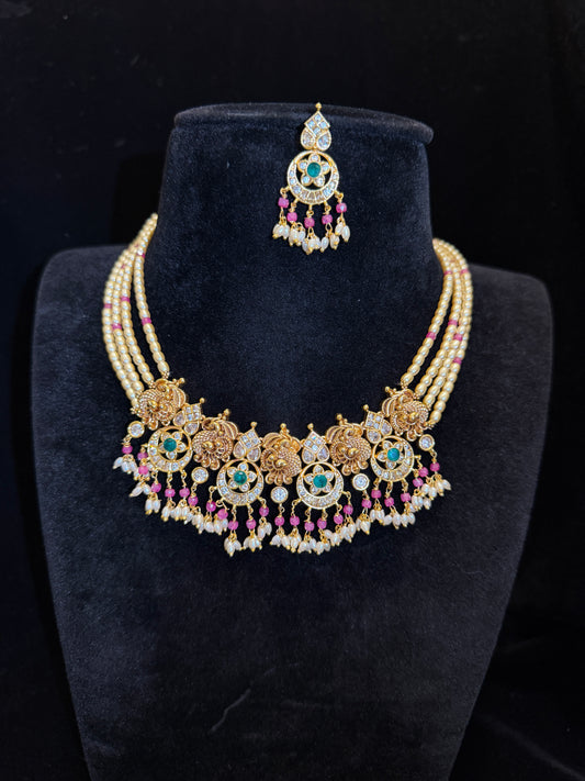 Temple Pearl Necklace Set with CZ Stones