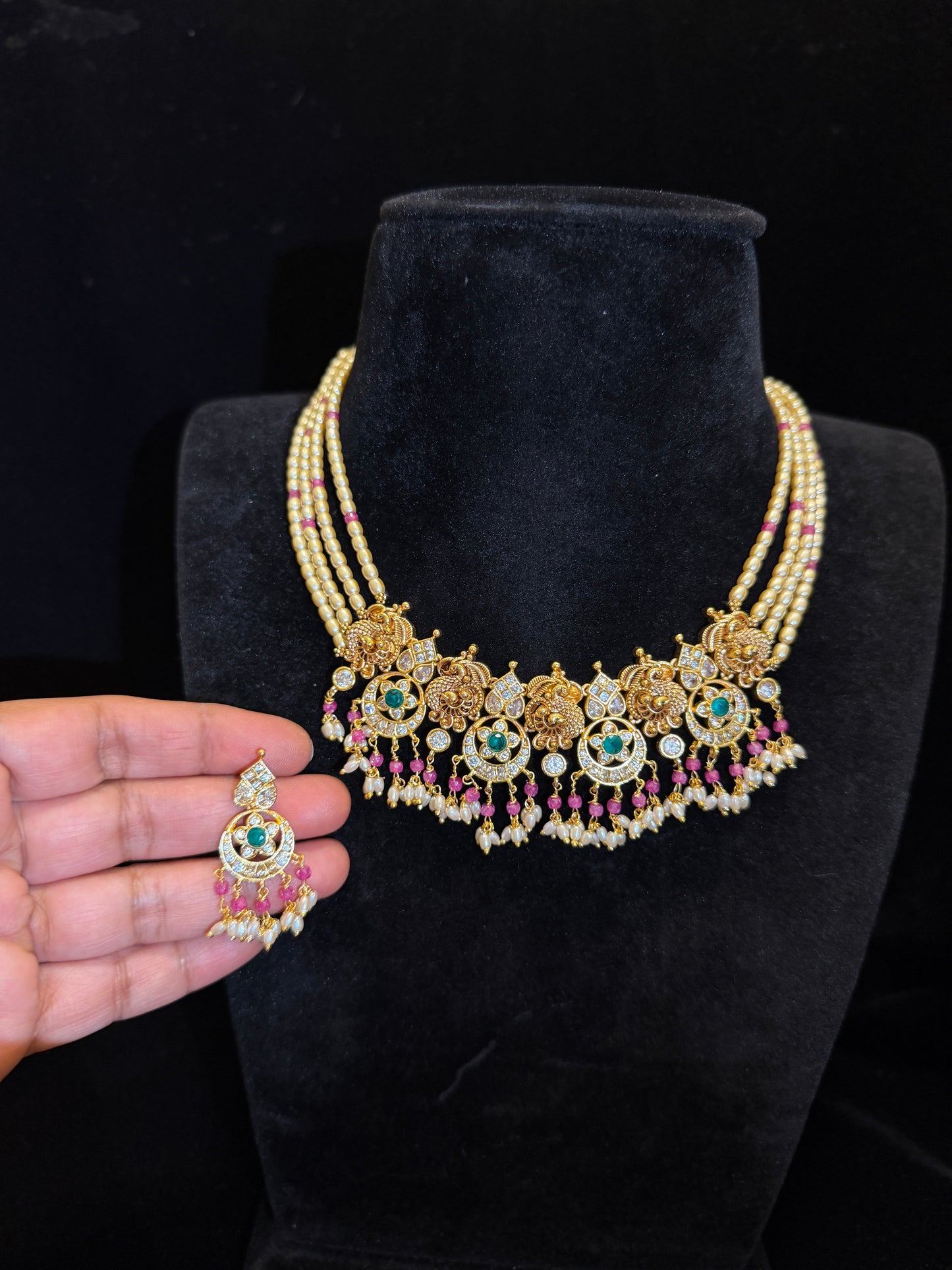 Temple Pearl Necklace Set | Peacock Necklace with Green Stones