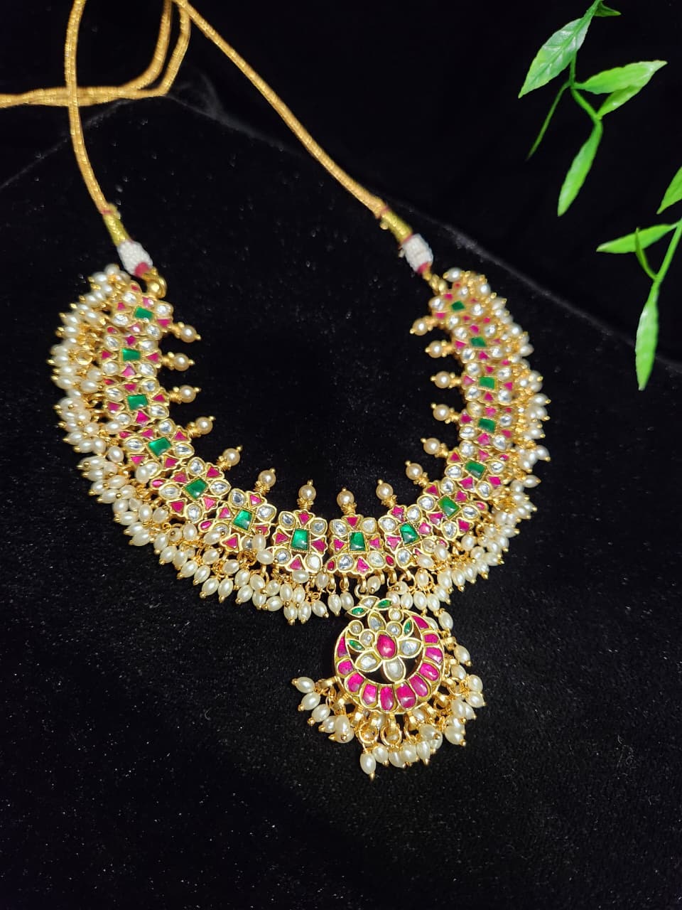 Moissanite & Kundan Traditional Necklace Set with Pink and Green Stones