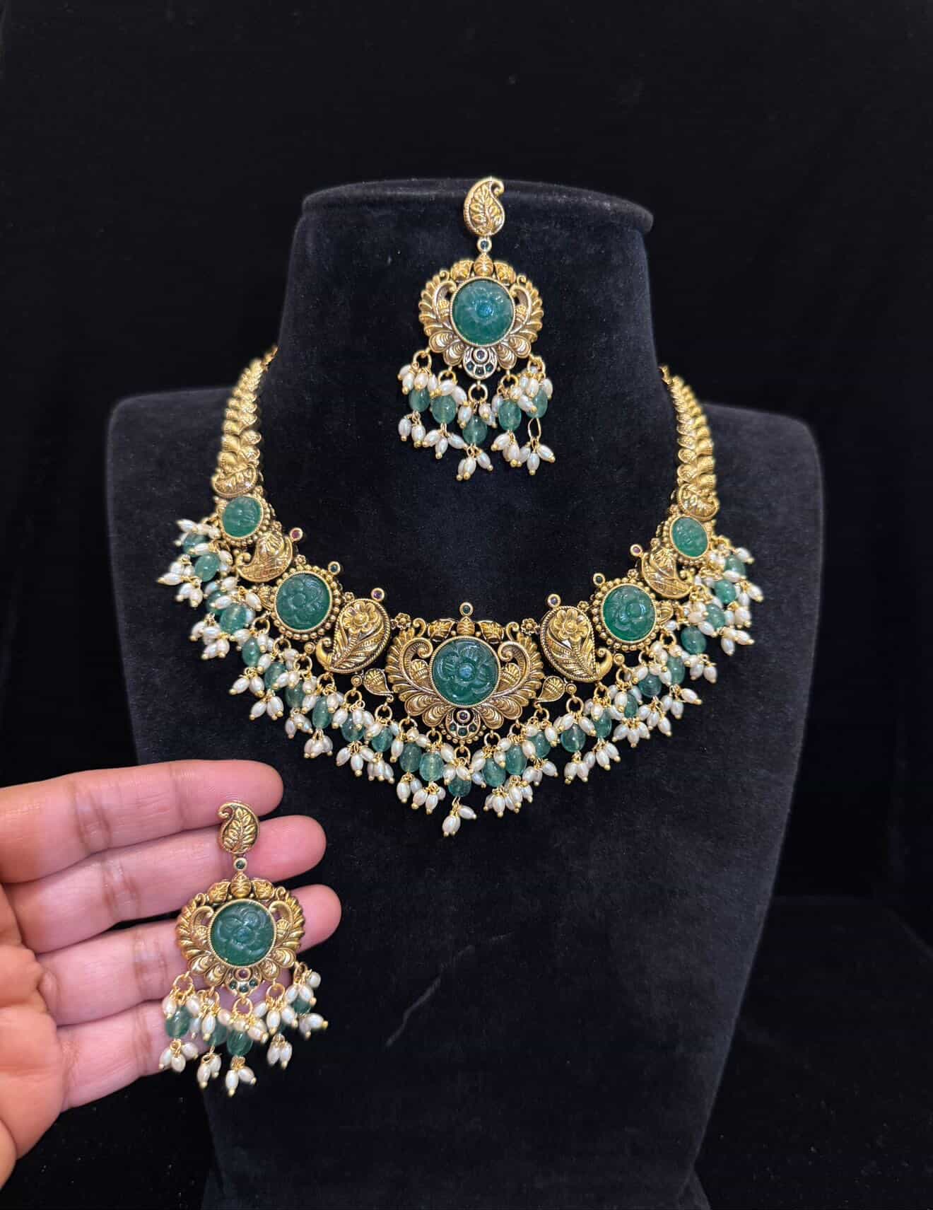 Antique Carved Emerald & Pearl Temple Necklace Set