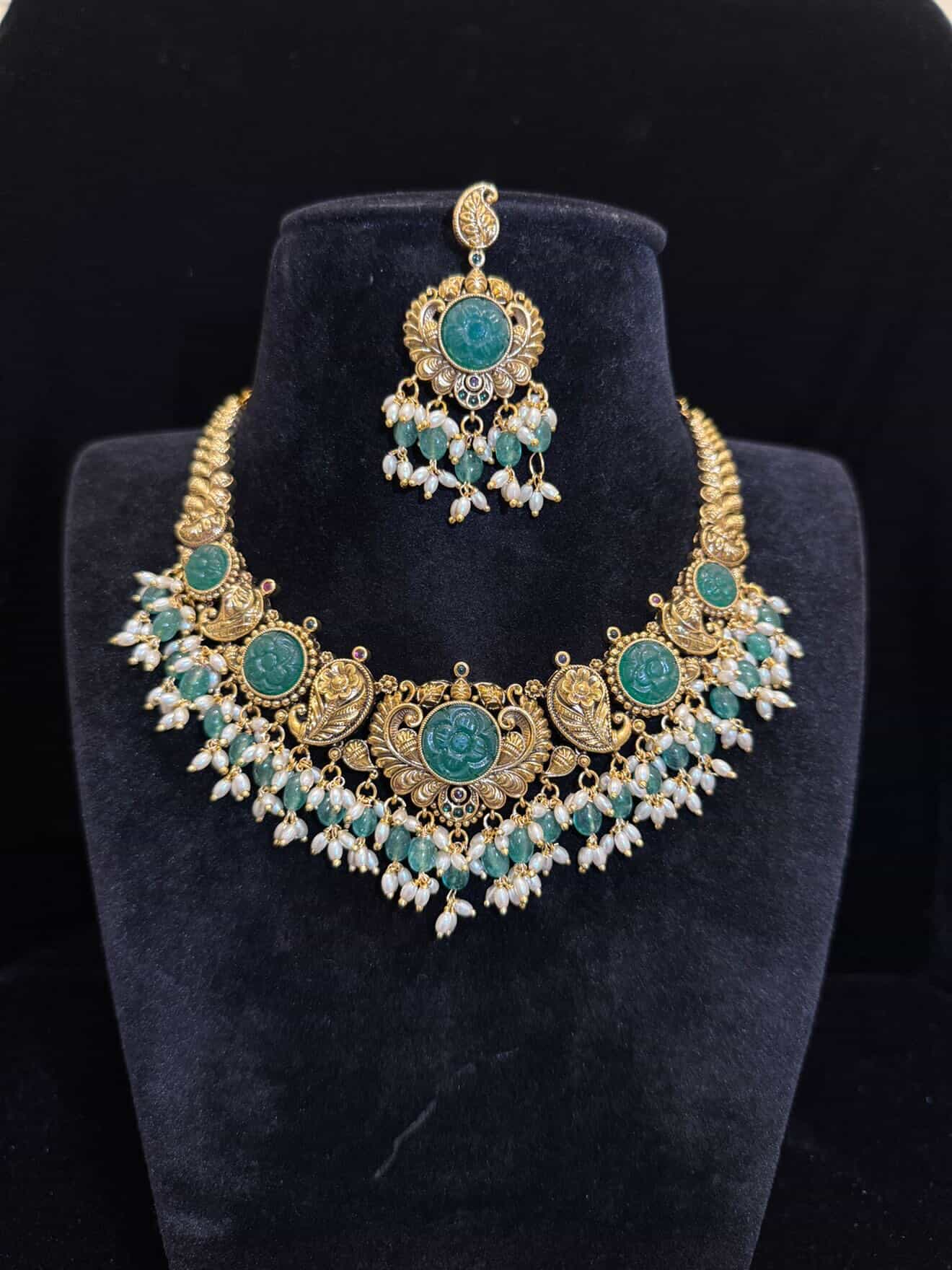 Antique Carved Emerald & Pearl Temple Necklace Set