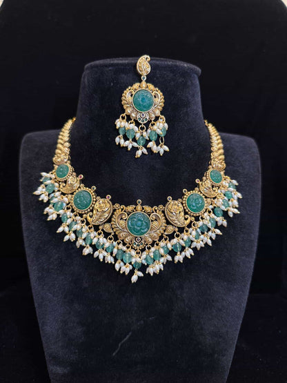 Antique Carved Emerald & Pearl Temple Necklace Set
