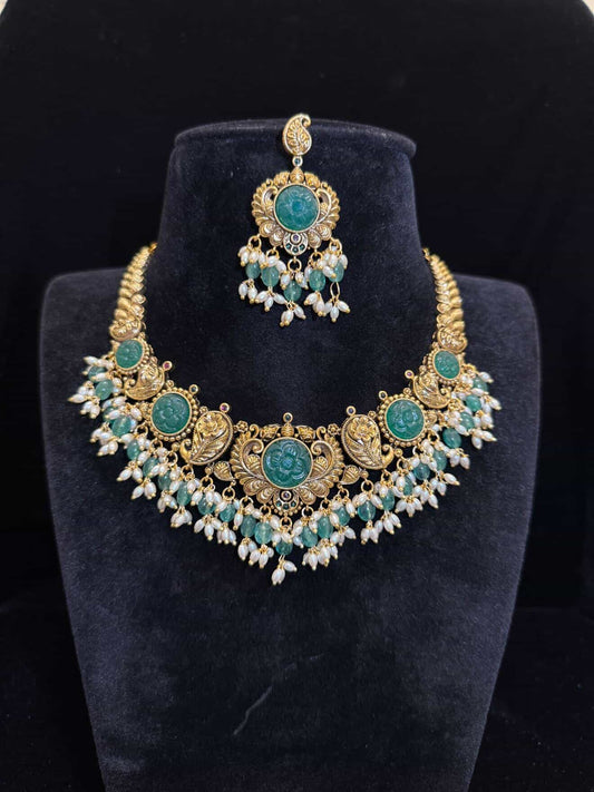 Antique Carved Emerald & Pearl Temple Necklace Set