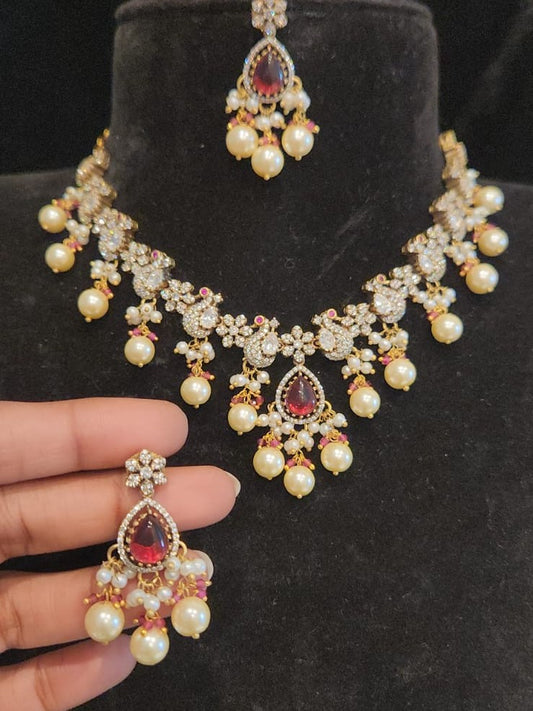 Victorian finish neckset with wine red stones, CZ and moissanite