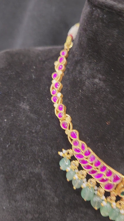 Pink Kundan Necklace Sets with Hanging Beads