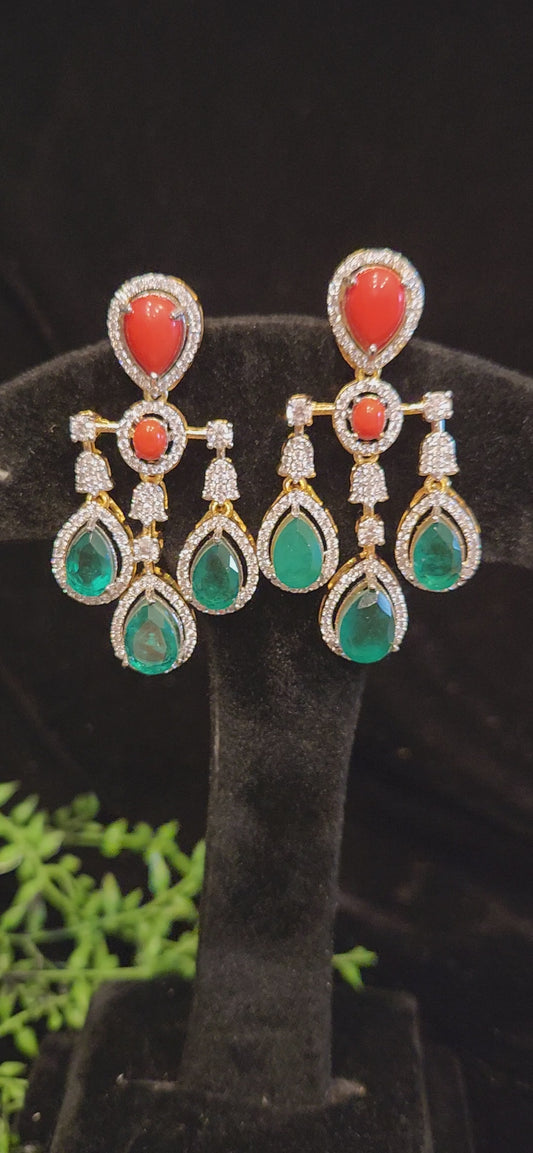 Vibrant Dangler Earrings with Coral & Emerald