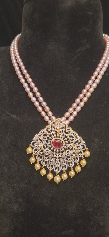 92.5 Silver Double Layered Baby Pink Beads Mala with Ruby CZ Pendant