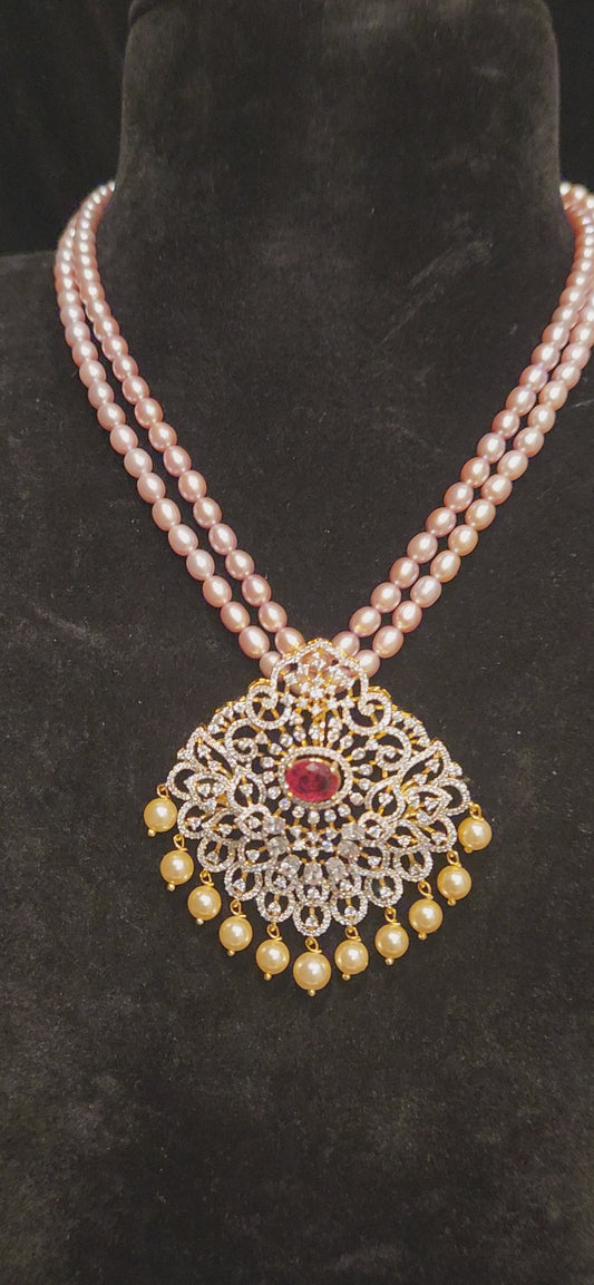 92.5 Silver Double Layered Baby Pink Beads Mala with Ruby CZ Pendant