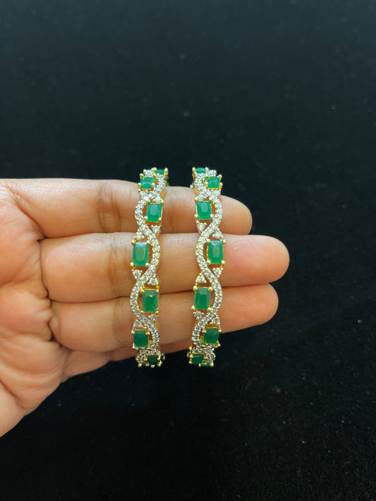 CZ bangles in gold finish - Green  (set of two)