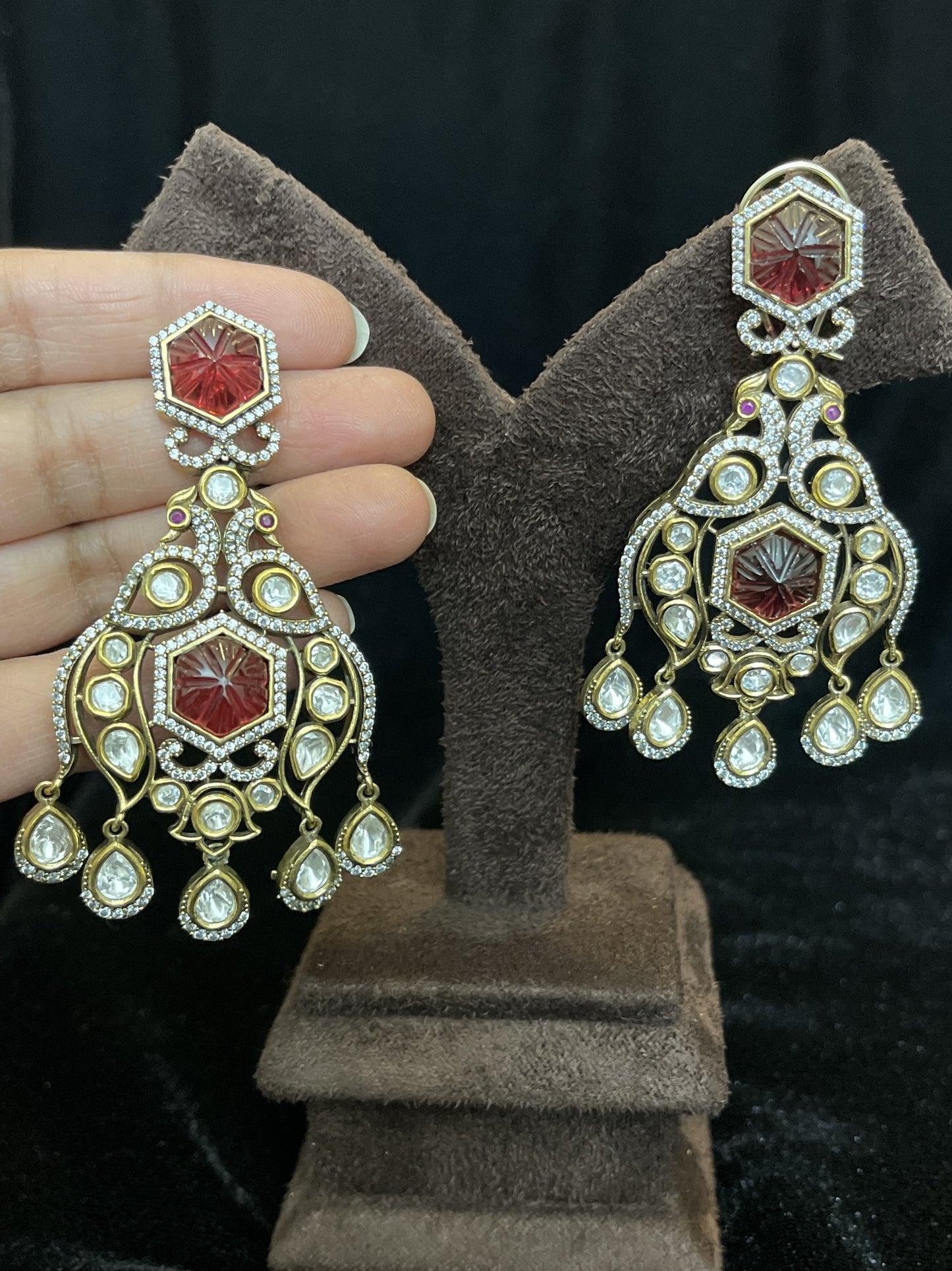 Victorian Partywear Earrings in Maroon and Green Colors