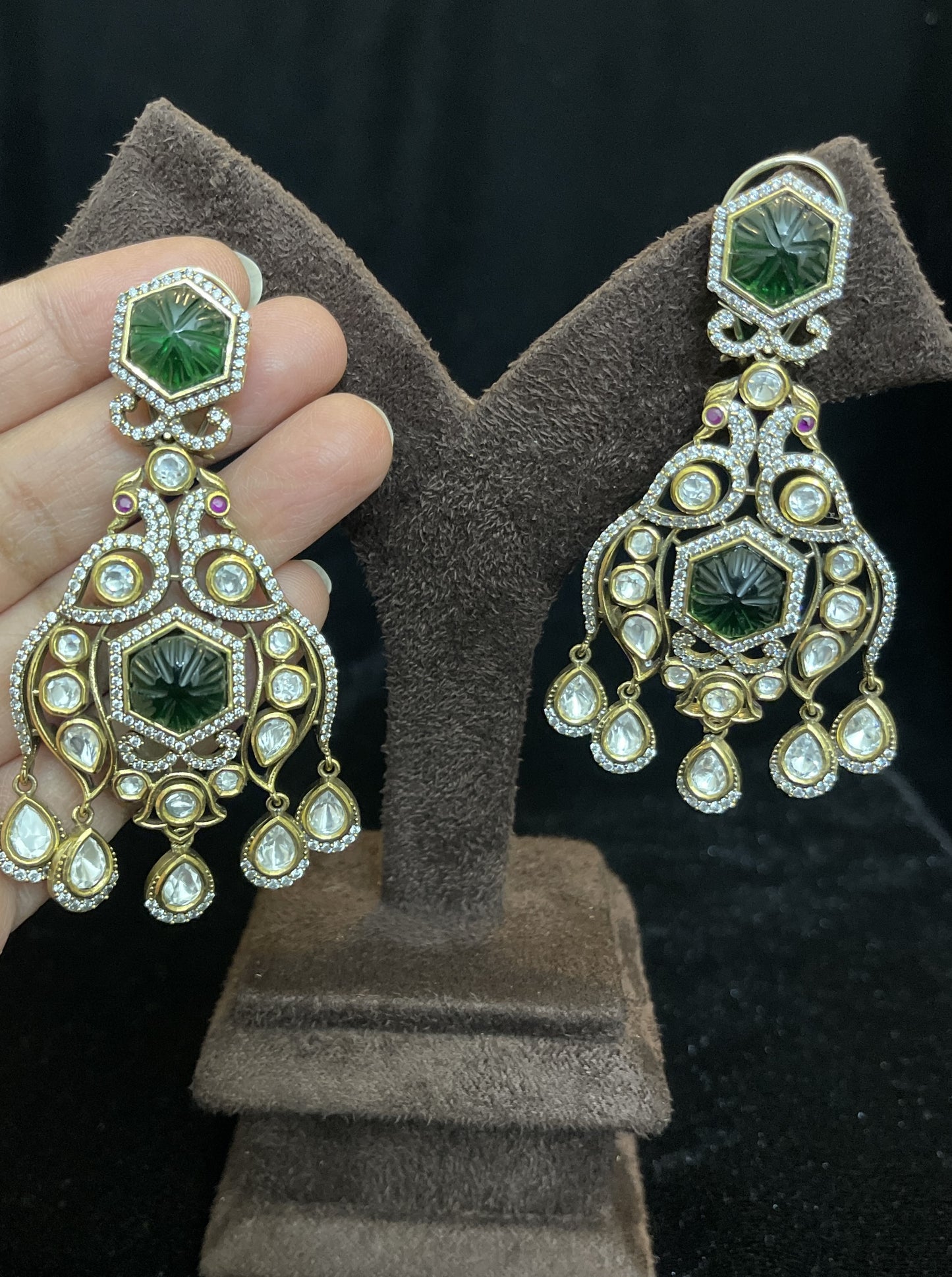 Victorian Partywear Earrings in Maroon and Green Colors